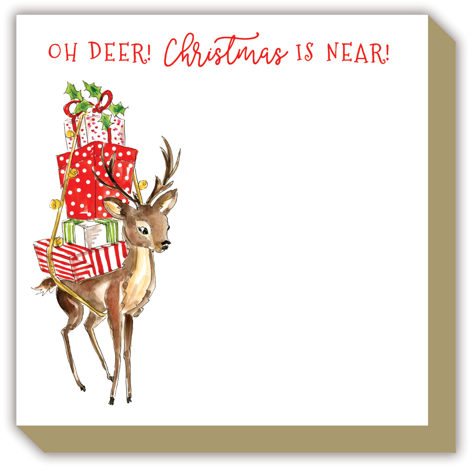 Luxe Large Notepad-Handpainted Oh Dear Christmas is Near Reindeer with Ornaments & Pink Bows