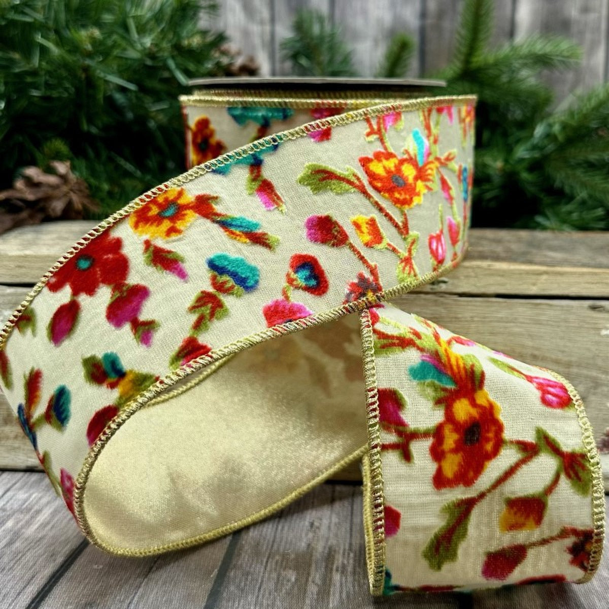 Burn Out Velvet Floral, Hot Pink Yellow Teal - 2.5“ x 10yds