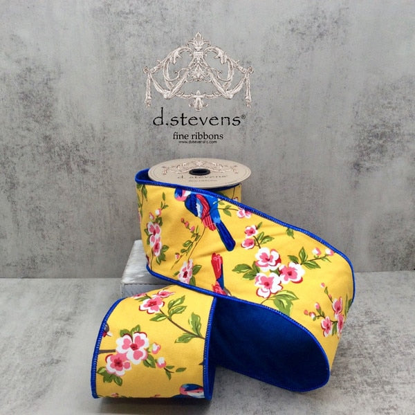 Canvas Blue Birds Cherry Blossom, Golden Yellow Pink Blue - 4" x 10yds
