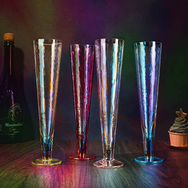Tall Multicolor Champagne Flutes 10" Stem - Set of 4