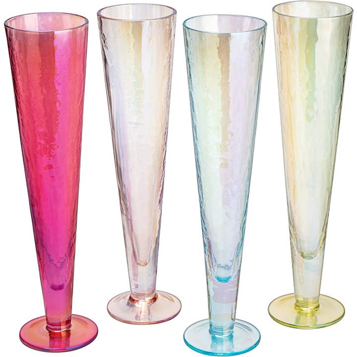 Tall Multicolor Champagne Flutes 10" Stem - Set of 4