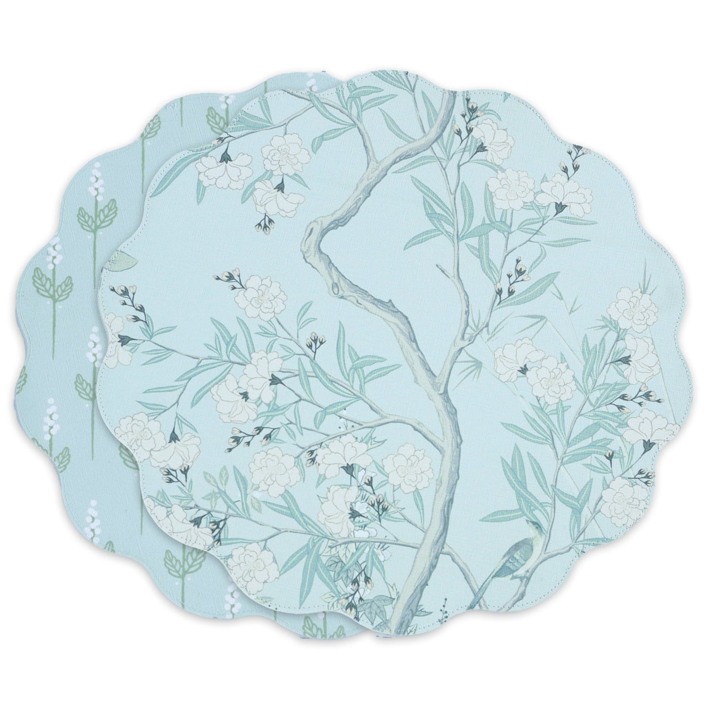 VIDA Chinoiserie Reversible Round Placemats Set of 4 (Light Teal & White)