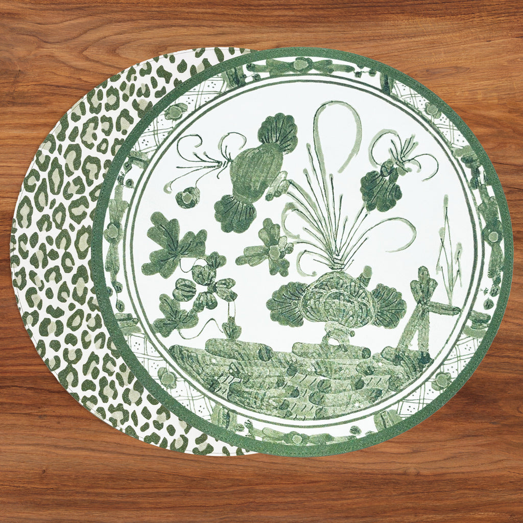 VIDA Faenza and Cheetah Reversible Round Placemats Set of 4 White & Green