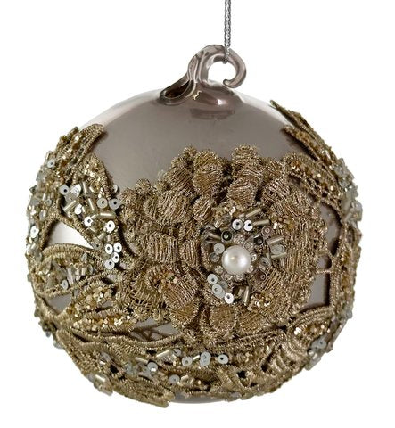 Glass Ball Pearl Silver w/ Crocheted Flowers