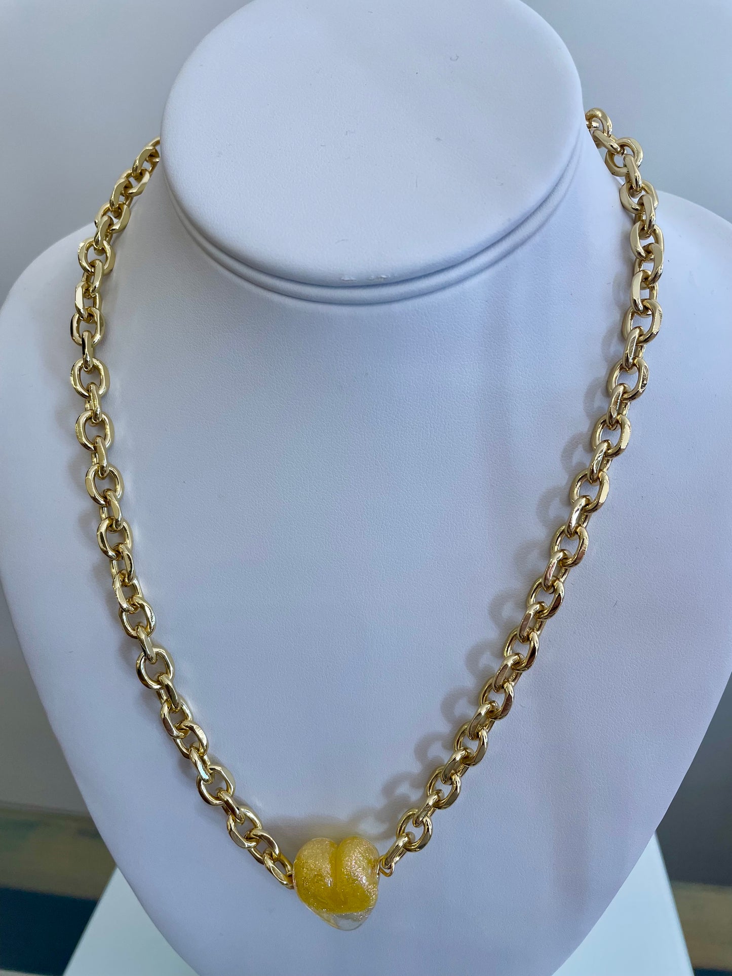 Handblown Glass Necklace Yellow- On Chunky Gold-Plated Chain Adjustable Chain