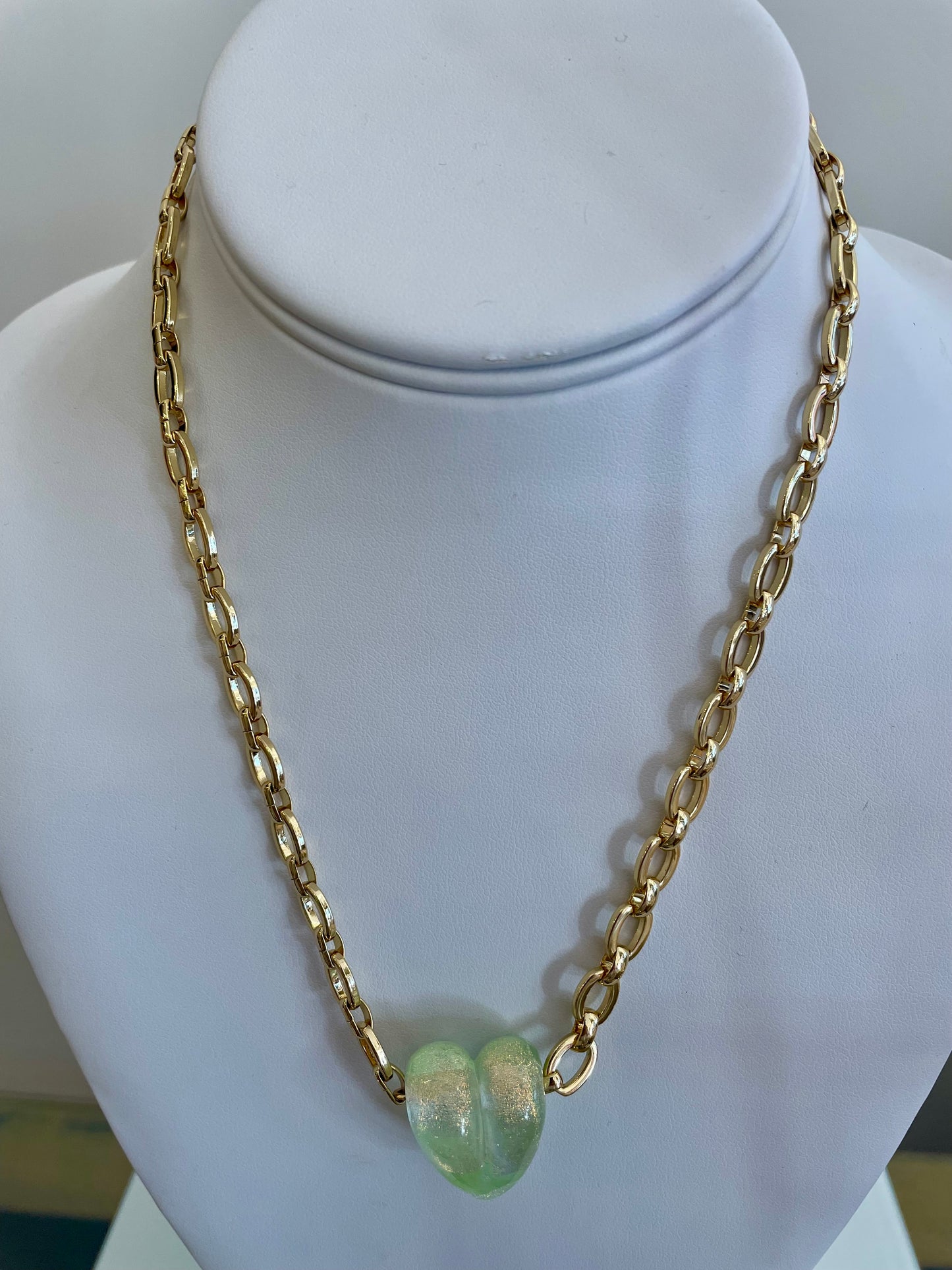 Handblown Glass Necklace Iridescent- On Chunky Gold-Plated Chain