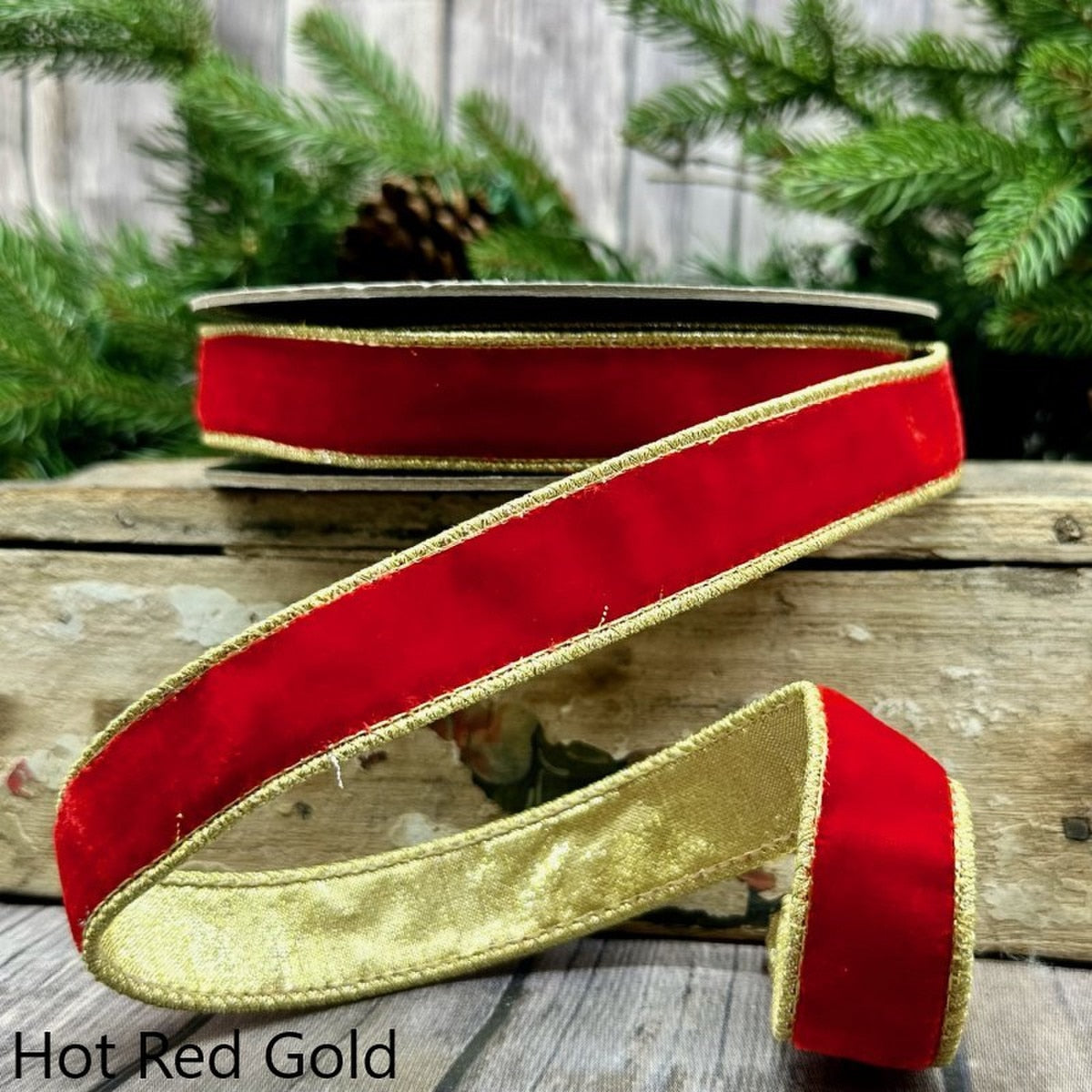 1“ x 10yds VP Lush Velvet Metallic Light Gold Back, Hot Red