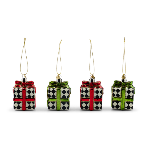 Red & Green Giftbox Glass Ornaments
