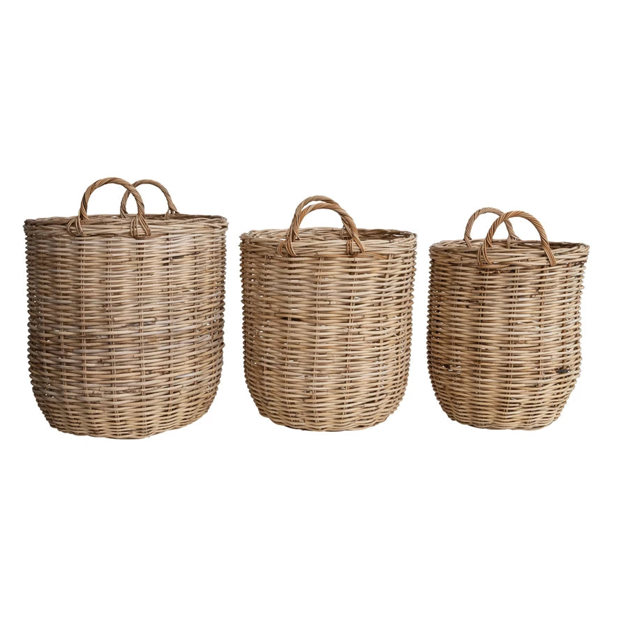 Hand-Woven Rattan Baskets w/ Handles - Lg.
