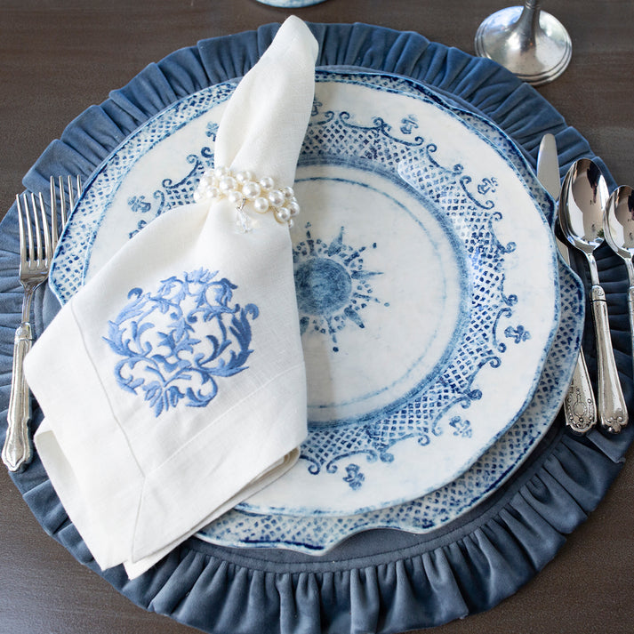 Velvet Round Placemat with Ruffle - French Blue