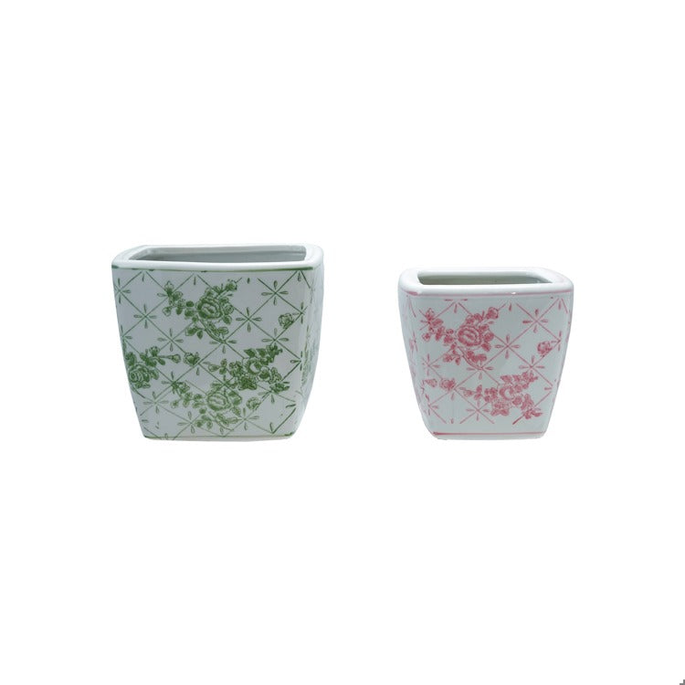 Stoneware Planters w Pattern - Green
