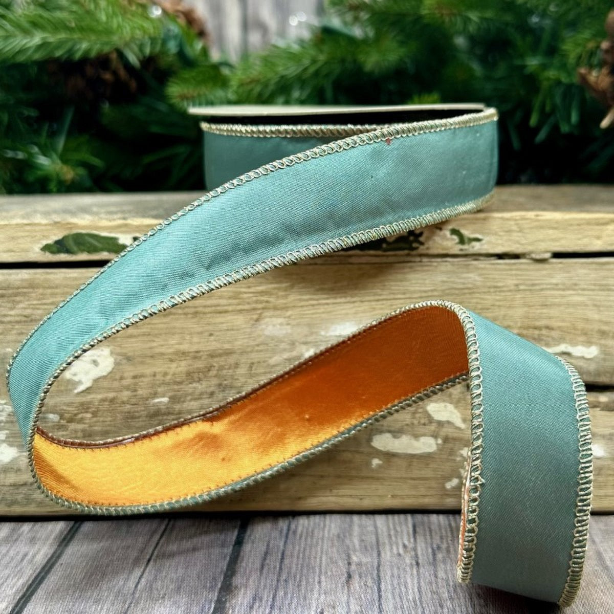 Taffeta Double Side - Orange/Celadon 1" x 10yds