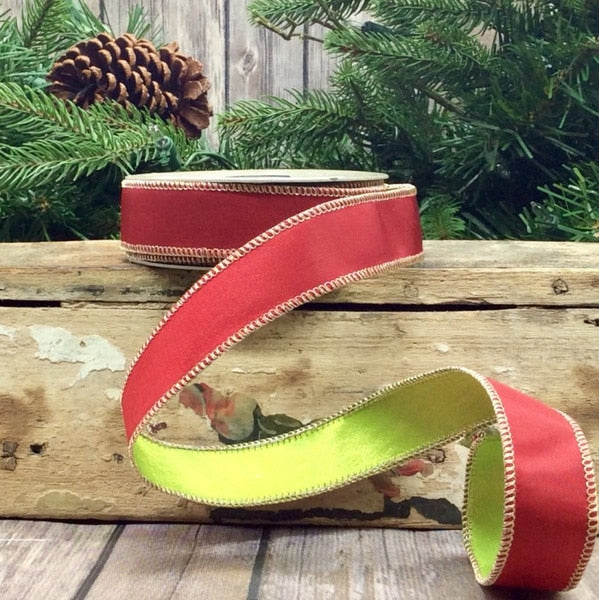Double sided taffeta, red lime green 1" x 10yds
