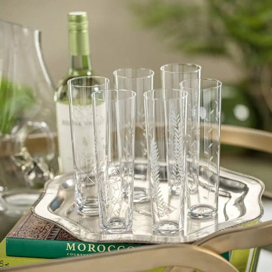 6 PIECES ASSORTED FLORA ETCHED FLUTE, MIN. 12 PCS