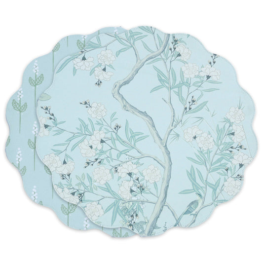 VIDA Chinoiserie Reversible Round Placemats Set of 4 (Light Teal & White)