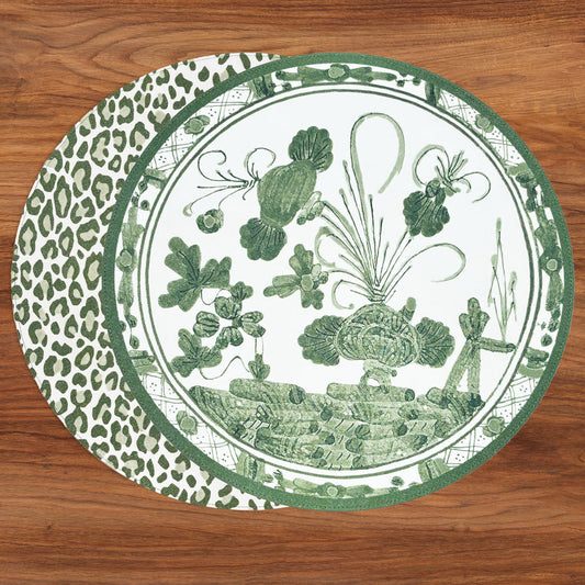 VIDA Faenza and Cheetah Reversible Round Placemats Set of 4 White & Green