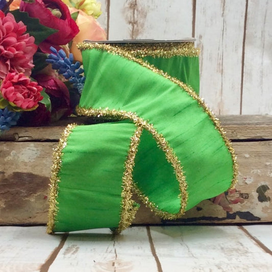 dupion gold tinsel edge, green