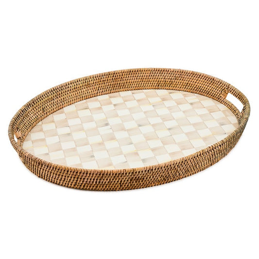 Mocha Check Enamel & Rattan Party Tray
