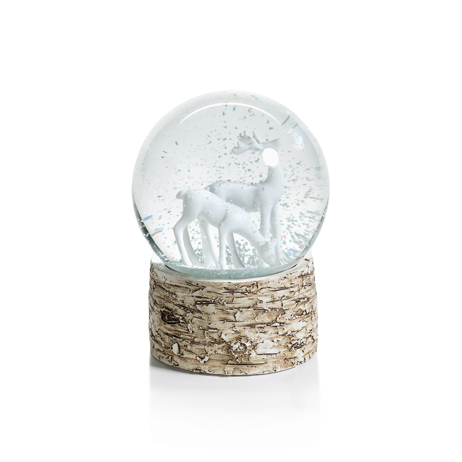 Snow Globe on Birch with White Reindeers
