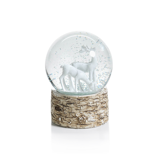 Snow Globe on Birch with White Reindeers