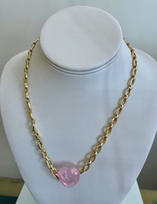 Handblown Glass Necklace Pink- On Chunky Gold-Plated Chain