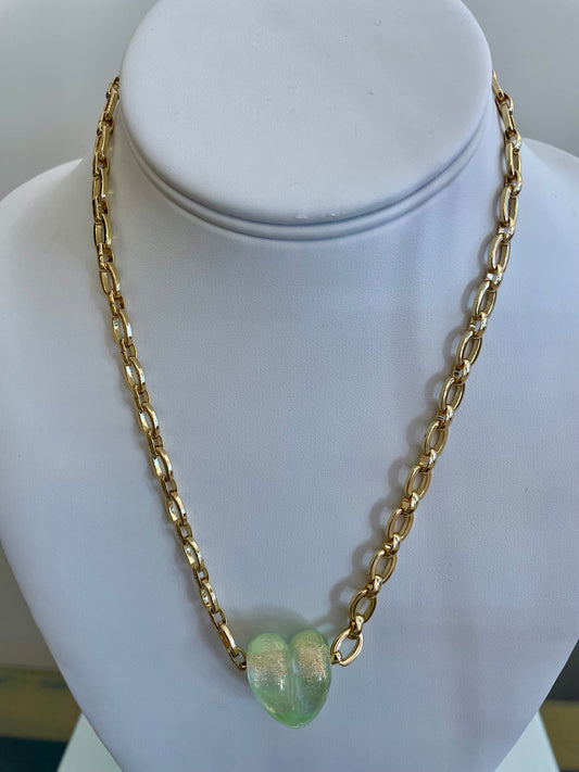 Handblown Glass Necklace Iridescent- On Chunky Gold-Plated Chain