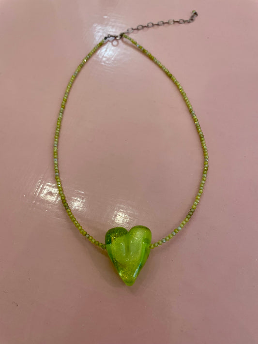 Handblown Glass Necklace - Lime Green with Crystal Beads