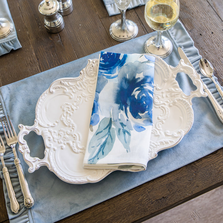 Blue Floral Watercolor Large Napkin - ITALIAN LINEN