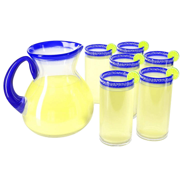 Hand Blown Blue Mexican Drinking Glasses and Pitcher – Set of 6