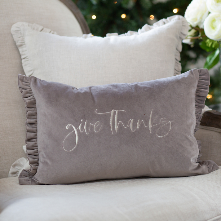 Give Thanks Velvet Decor Pillow - Grey