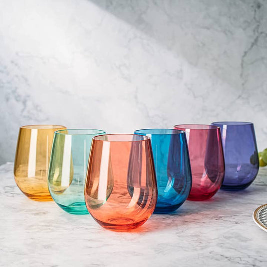 6 Unbreakable Colored Stemless Wine Glasses Acrylic Plastic