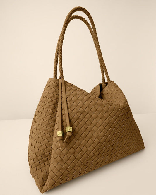 Nova Hand Woven Suedette Large Shoulder Bag - Camel