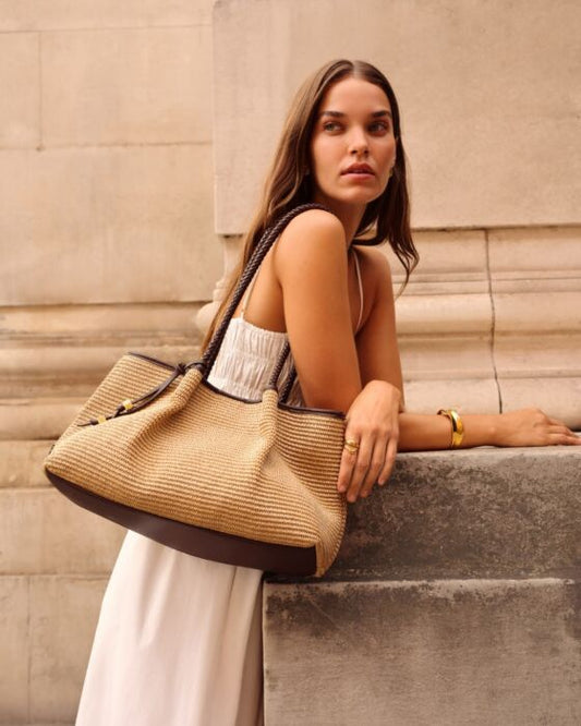 Nova Raffia Small Shoulder Tote  Chocolate